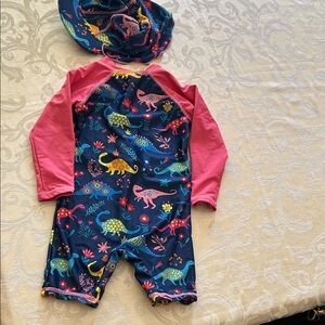 Navy & Pink Dino-Print Kids One-Piece Swimsuit with Matching Hat